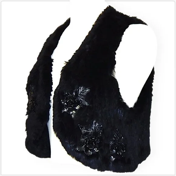 Funky East Black Lux Real Rabbit Fur Sequined Beaded Vest Jacket Boho M